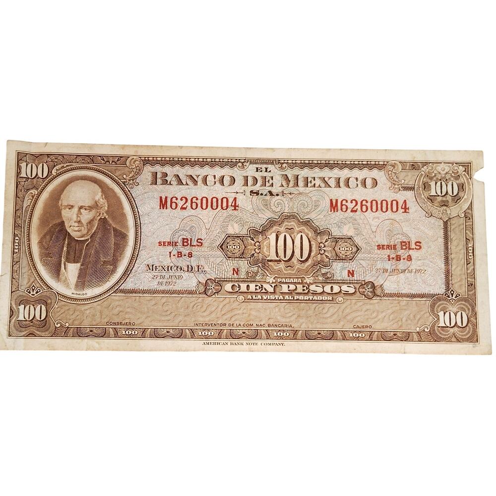1972 Mexico 100 Pesos Banknote Miguel Hidalgo Serie BLS Circulated P-61h